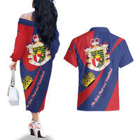 Liechtenstein Couples Matching Off The Shoulder Long Sleeve Dress and Hawaiian Shirt Coat Of Arms Blue Red Color - Wonder Print Shop
