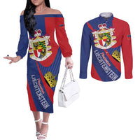 Liechtenstein Couples Matching Off The Shoulder Long Sleeve Dress and Long Sleeve Button Shirt Coat Of Arms Blue Red Color