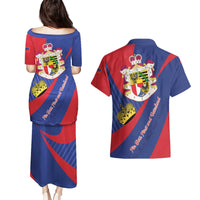 Liechtenstein Couples Matching Puletasi and Hawaiian Shirt Coat Of Arms Blue Red Color - Wonder Print Shop