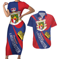 Liechtenstein Couples Matching Short Sleeve Bodycon Dress and Hawaiian Shirt Coat Of Arms Blue Red Color - Wonder Print Shop