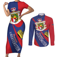 Liechtenstein Couples Matching Short Sleeve Bodycon Dress and Long Sleeve Button Shirt Coat Of Arms Blue Red Color - Wonder Print Shop