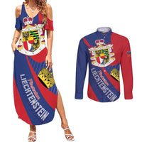 Liechtenstein Couples Matching Summer Maxi Dress and Long Sleeve Button Shirt Coat Of Arms Blue Red Color - Wonder Print Shop