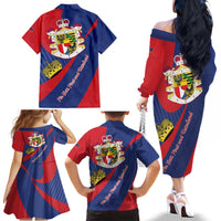 Liechtenstein Family Matching Off The Shoulder Long Sleeve Dress and Hawaiian Shirt Coat Of Arms Blue Red Color - Wonder Print Shop