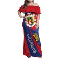 Liechtenstein Family Matching Off Shoulder Maxi Dress and Hawaiian Shirt Coat Of Arms Blue Red Color - Wonder Print Shop