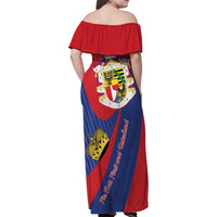 Liechtenstein Family Matching Off Shoulder Maxi Dress and Hawaiian Shirt Coat Of Arms Blue Red Color - Wonder Print Shop