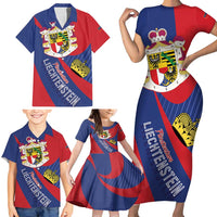 Liechtenstein Family Matching Short Sleeve Bodycon Dress and Hawaiian Shirt Coat Of Arms Blue Red Color - Wonder Print Shop