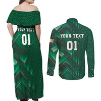 Ireland 2024 Rugby Couples Matching Off Shoulder Maxi Dress and Long Sleeve Button Shirt Irish Shamrock Celtic Cross - Wonder Print Shop
