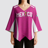 Custom Mexico 2026 Football Pink Kimono Sleeve Blouse Golden Eagle Victory