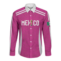 Custom Mexico 2026 Football Pink Long Sleeve Button Shirt Golden Eagle Victory