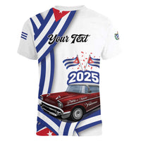 Personalized Cuba 2025 Independence Day Women V-Neck T-Shirt The Beauty Of Classic Car - Wonder Print Shop