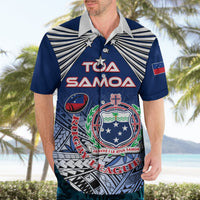 Blue rugby-style Hawaiian shirt, polo collar, front graphic with Toa Samoa crest