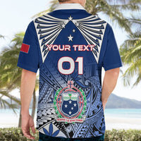 Blue rugby-style Hawaiian shirt, back graphic with YOUR TEXT 01 and crest