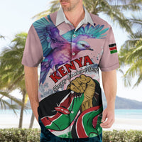 Light pink Hawaiian shirt with open collar, KENYA Happy Jamhuri Day graphic