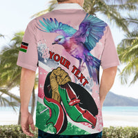 Light pink Hawaiian shirt with open collar, back YOUR TEXT over bird and mask art