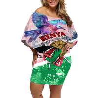 Women’s off-shoulder short dress with purple bird and Kenya flag print, multicolor