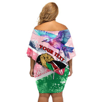 Women’s off-shoulder short dress with purple bird back print and multicolor flag graphics