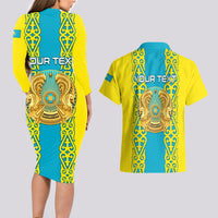 Personalised Kazakhstan Independence Day Couples Matching Long Sleeve Bodycon Dress and Hawaiian Shirt Kazakhstanian Coat Of Arms Special Version - Wonder Print Shop