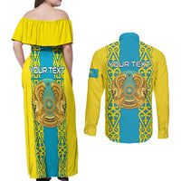 Personalised Kazakhstan Independence Day Couples Matching Off Shoulder Maxi Dress and Long Sleeve Button Shirt Kazakhstanian Coat Of Arms Special Version - Wonder Print Shop