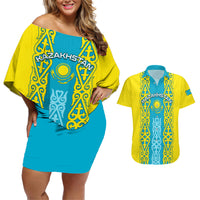 Personalised Kazakhstan Independence Day Couples Matching Off Shoulder Short Dress and Hawaiian Shirt Kazakhstanian Coat Of Arms Special Version - Wonder Print Shop