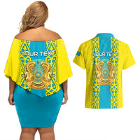 Personalised Kazakhstan Independence Day Couples Matching Off Shoulder Short Dress and Hawaiian Shirt Kazakhstanian Coat Of Arms Special Version - Wonder Print Shop