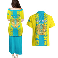 Personalised Kazakhstan Independence Day Couples Matching Puletasi Dress and Hawaiian Shirt Kazakhstanian Coat Of Arms Special Version - Wonder Print Shop