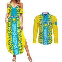 Personalised Kazakhstan Independence Day Couples Matching Summer Maxi Dress and Long Sleeve Button Shirt Kazakhstanian Coat Of Arms Special Version - Wonder Print Shop