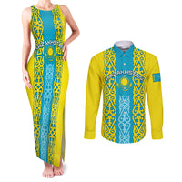 Personalised Kazakhstan Independence Day Couples Matching Tank Maxi Dress and Long Sleeve Button Shirt Kazakhstanian Coat Of Arms Special Version - Wonder Print Shop
