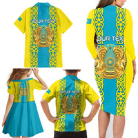 Personalised Kazakhstan Independence Day Family Matching Long Sleeve Bodycon Dress and Hawaiian Shirt Kazakhstanian Coat Of Arms Special Version - Wonder Print Shop