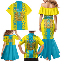 Personalised Kazakhstan Independence Day Family Matching Mermaid Dress and Hawaiian Shirt Kazakhstanian Coat Of Arms Special Version - Wonder Print Shop