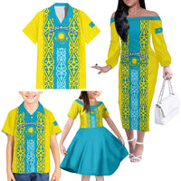 Personalised Kazakhstan Independence Day Family Matching Off Shoulder Long Sleeve Dress and Hawaiian Shirt Kazakhstanian Coat Of Arms Special Version - Wonder Print Shop