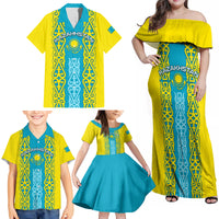 Personalised Kazakhstan Independence Day Family Matching Off Shoulder Maxi Dress and Hawaiian Shirt Kazakhstanian Coat Of Arms Special Version - Wonder Print Shop