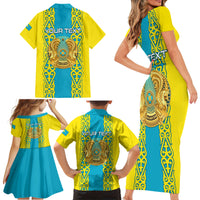 Personalised Kazakhstan Independence Day Family Matching Short Sleeve Bodycon Dress and Hawaiian Shirt Kazakhstanian Coat Of Arms Special Version - Wonder Print Shop