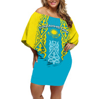 Personalised Kazakhstan Independence Day Off Shoulder Short Dress Kazakhstanian Coat Of Arms Special Version - Wonder Print Shop
