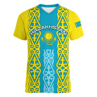 Personalised Kazakhstan Independence Day Women V Neck T Shirt Kazakhstanian Coat Of Arms Special Version - Wonder Print Shop