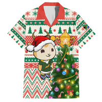 Christmas Hawaiian shirt with red collar, cartoon springbok in Santa hat and tree lights