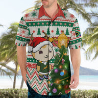 Christmas Hawaiian shirt with red collar, cartoon springbok holding lantern and tree lights