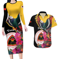 Personalized Timor-Leste Couples Matching Long Sleeve Bodycon Dress and Hawaiian Shirt Timor Imperial Pigeon Hibiscus - Wonder Print Shop