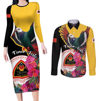 Personalized Timor-Leste Couples Matching Long Sleeve Bodycon Dress and Long Sleeve Button Shirt Timor Imperial Pigeon Hibiscus - Wonder Print Shop