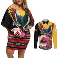 Personalized Timor-Leste Couples Matching Off Shoulder Short Dress and Long Sleeve Button Shirt Timor Imperial Pigeon Hibiscus - Wonder Print Shop