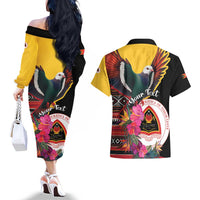 Personalized Timor-Leste Couples Matching Off The Shoulder Long Sleeve Dress and Hawaiian Shirt Timor Imperial Pigeon Hibiscus - Wonder Print Shop