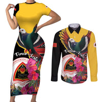 Personalized Timor-Leste Couples Matching Short Sleeve Bodycon Dress and Long Sleeve Button Shirt Timor Imperial Pigeon Hibiscus - Wonder Print Shop