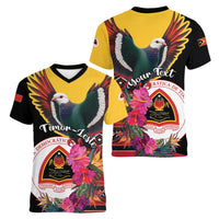 Personalized Timor-Leste Women V-Neck T-Shirt Timor Imperial Pigeon Hibiscus - Wonder Print Shop