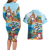 Cayman Islands Christmas Couples Matching Long Sleeve Bodycon Dress and Hawaiian Shirt Santa Claus Turtle Beachy Xmas - Wonder Print Shop
