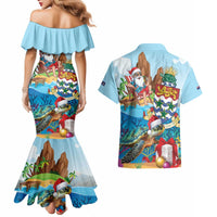 Cayman Islands Christmas Couples Matching Mermaid Dress and Hawaiian Shirt Santa Claus Turtle Beachy Xmas - Wonder Print Shop
