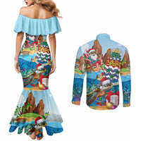 Cayman Islands Christmas Couples Matching Mermaid Dress and Long Sleeve Button Shirt Santa Claus Turtle Beachy Xmas - Wonder Print Shop