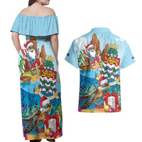 Cayman Islands Christmas Couples Matching Off Shoulder Maxi Dress and Hawaiian Shirt Santa Claus Turtle Beachy Xmas - Wonder Print Shop