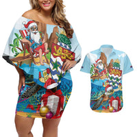 Cayman Islands Christmas Couples Matching Off Shoulder Short Dress and Hawaiian Shirt Santa Claus Turtle Beachy Xmas - Wonder Print Shop
