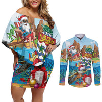 Cayman Islands Christmas Couples Matching Off Shoulder Short Dress and Long Sleeve Button Shirt Santa Claus Turtle Beachy Xmas - Wonder Print Shop