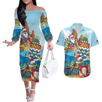 Cayman Islands Christmas Couples Matching Off The Shoulder Long Sleeve Dress and Hawaiian Shirt Santa Claus Turtle Beachy Xmas - Wonder Print Shop