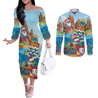 Cayman Islands Christmas Couples Matching Off The Shoulder Long Sleeve Dress and Long Sleeve Button Shirt Santa Claus Turtle Beachy Xmas - Wonder Print Shop